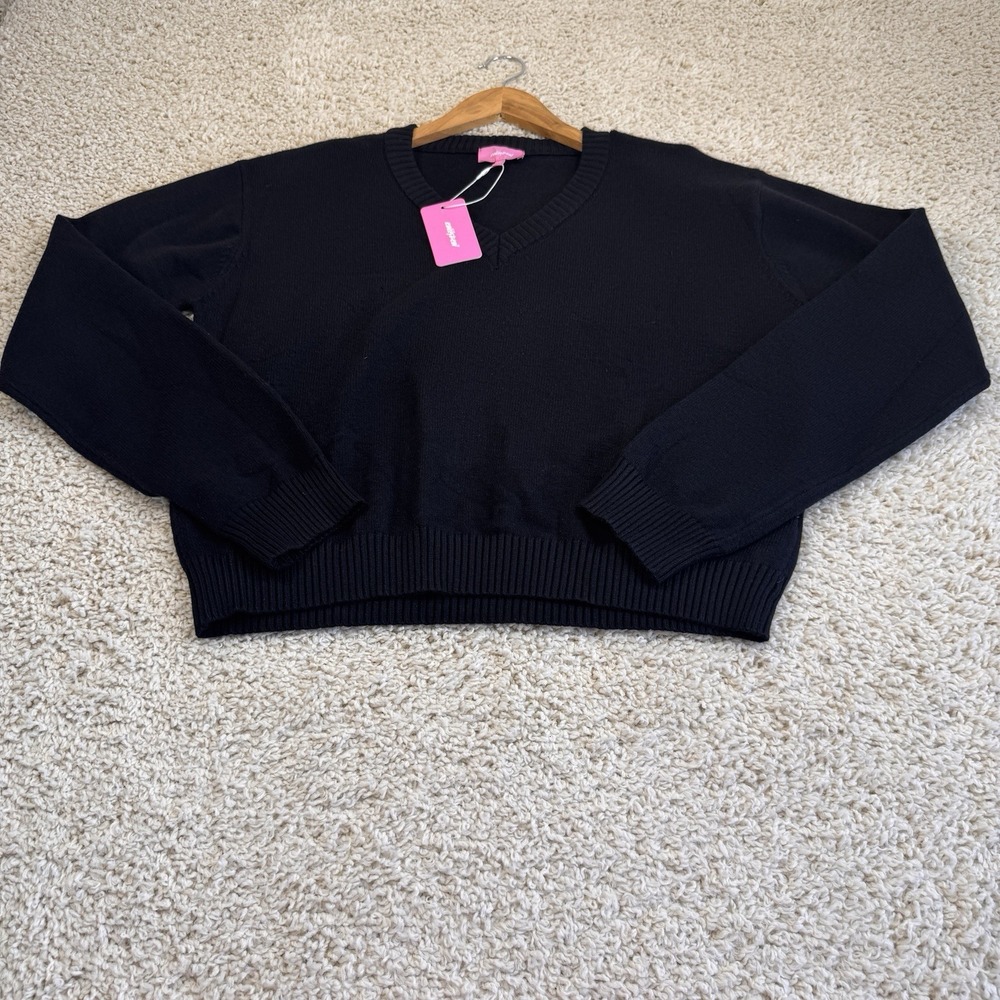 Edikted Women's M/L Black V-Neck Knit Sweater NWT Cropped Oversized